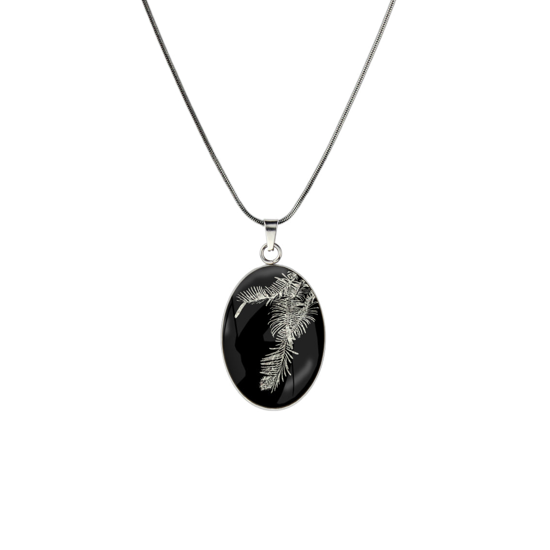 AUSTRALIAN NATIVE FLORA - WOLLEMI PINE OVAL CIRCLE PENDANT ON A CHAIN NECKLACE - D938S - on Satchel