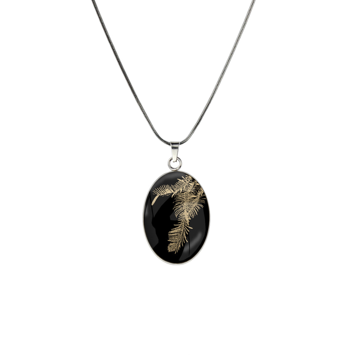 AUSTRALIAN NATIVE FLORA - WOLLEMI PINE OVAL CIRCLE PENDANT ON A CHAIN NECKLACE - D938S - on Satchel