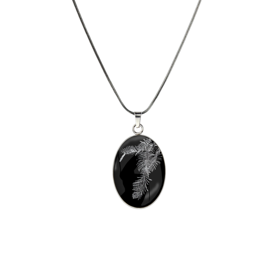 AUSTRALIAN NATIVE FLORA - WOLLEMI PINE OVAL CIRCLE PENDANT ON A CHAIN NECKLACE - D938S - on Satchel