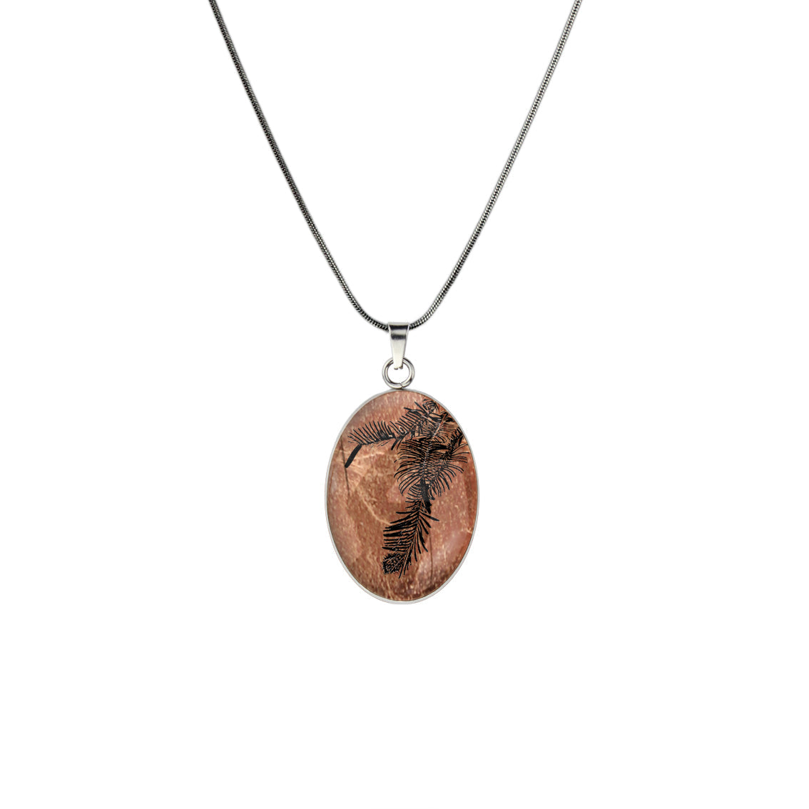AUSTRALIAN NATIVE FLORA - WOLLEMI PINE OVAL CIRCLE PENDANT ON A CHAIN NECKLACE - D938S - on Satchel