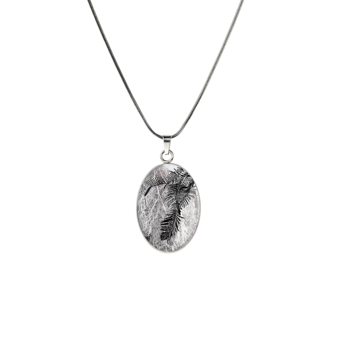 AUSTRALIAN NATIVE FLORA - WOLLEMI PINE OVAL CIRCLE PENDANT ON A CHAIN NECKLACE - D938S - on Satchel