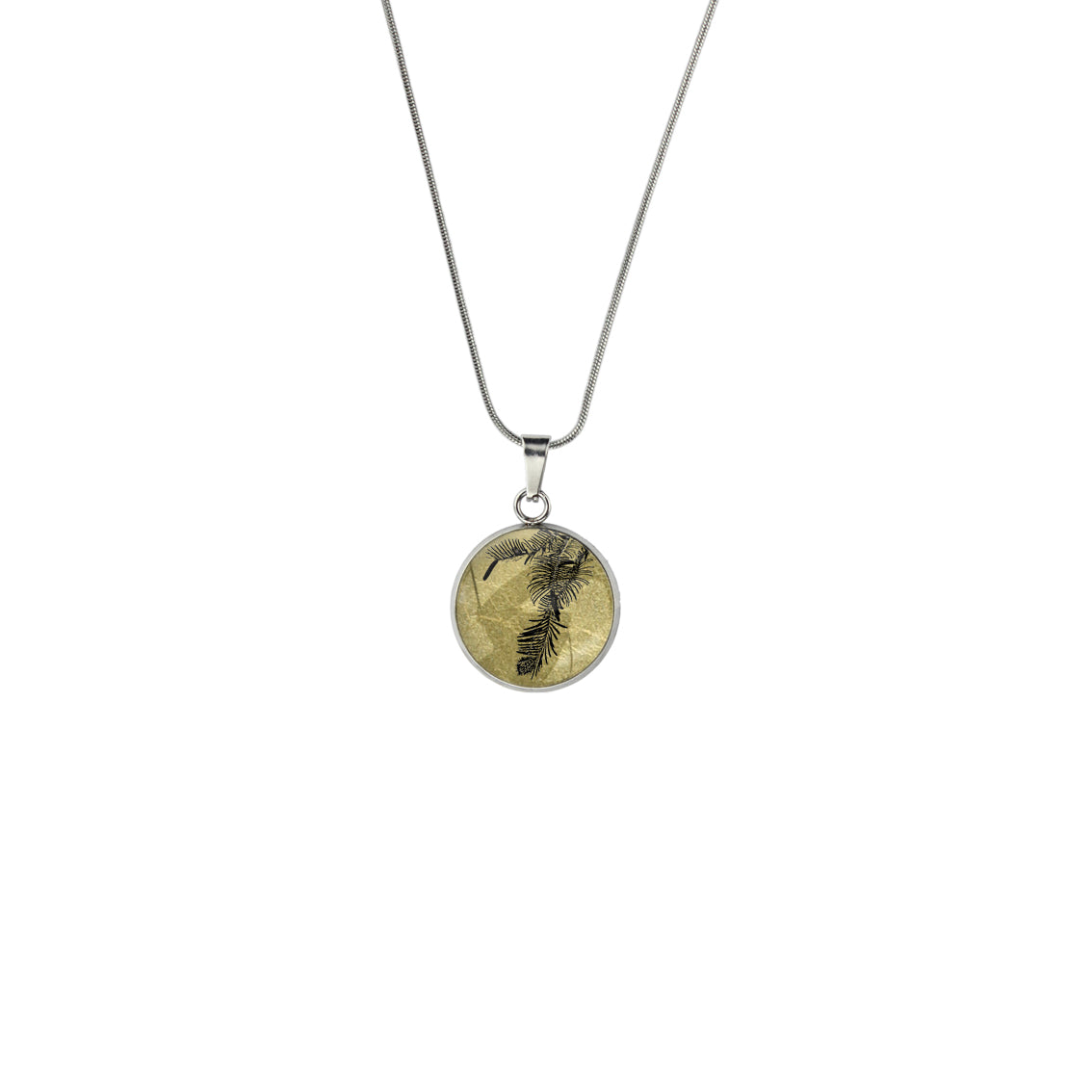 AUSTRALIAN NATIVE FLORA - WOLLEMI PINE XS CIRCLE PENDANT ON A CHAIN NECKLACE - D937S - on Satchel