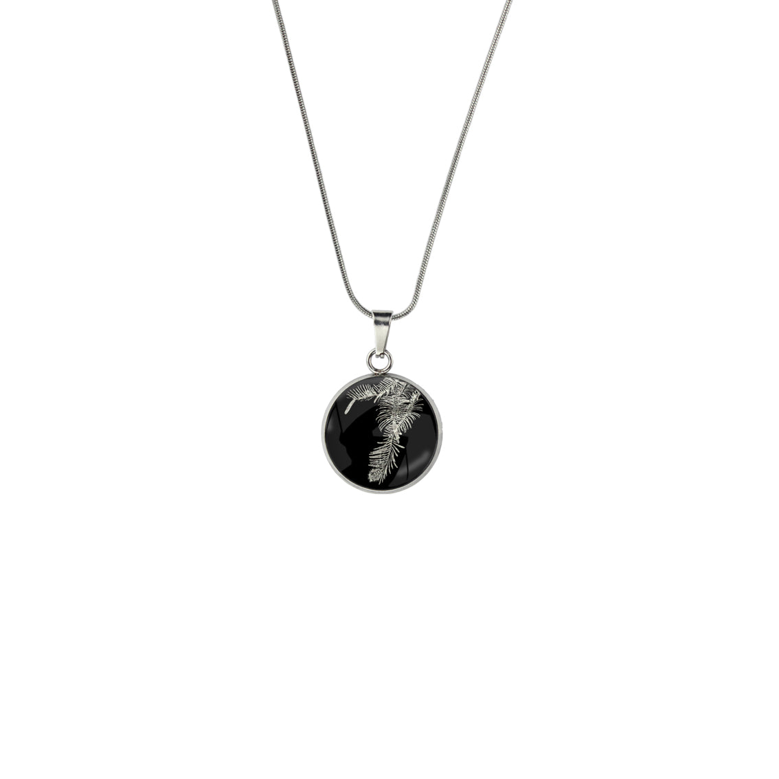 AUSTRALIAN NATIVE FLORA - WOLLEMI PINE XS CIRCLE PENDANT ON A CHAIN NECKLACE - D937S - on Satchel