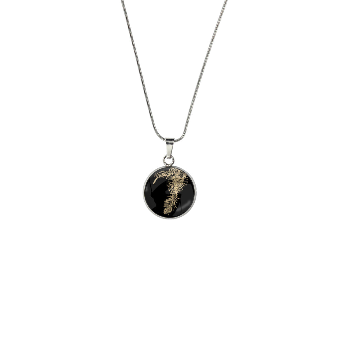 AUSTRALIAN NATIVE FLORA - WOLLEMI PINE XS CIRCLE PENDANT ON A CHAIN NECKLACE - D937S - on Satchel
