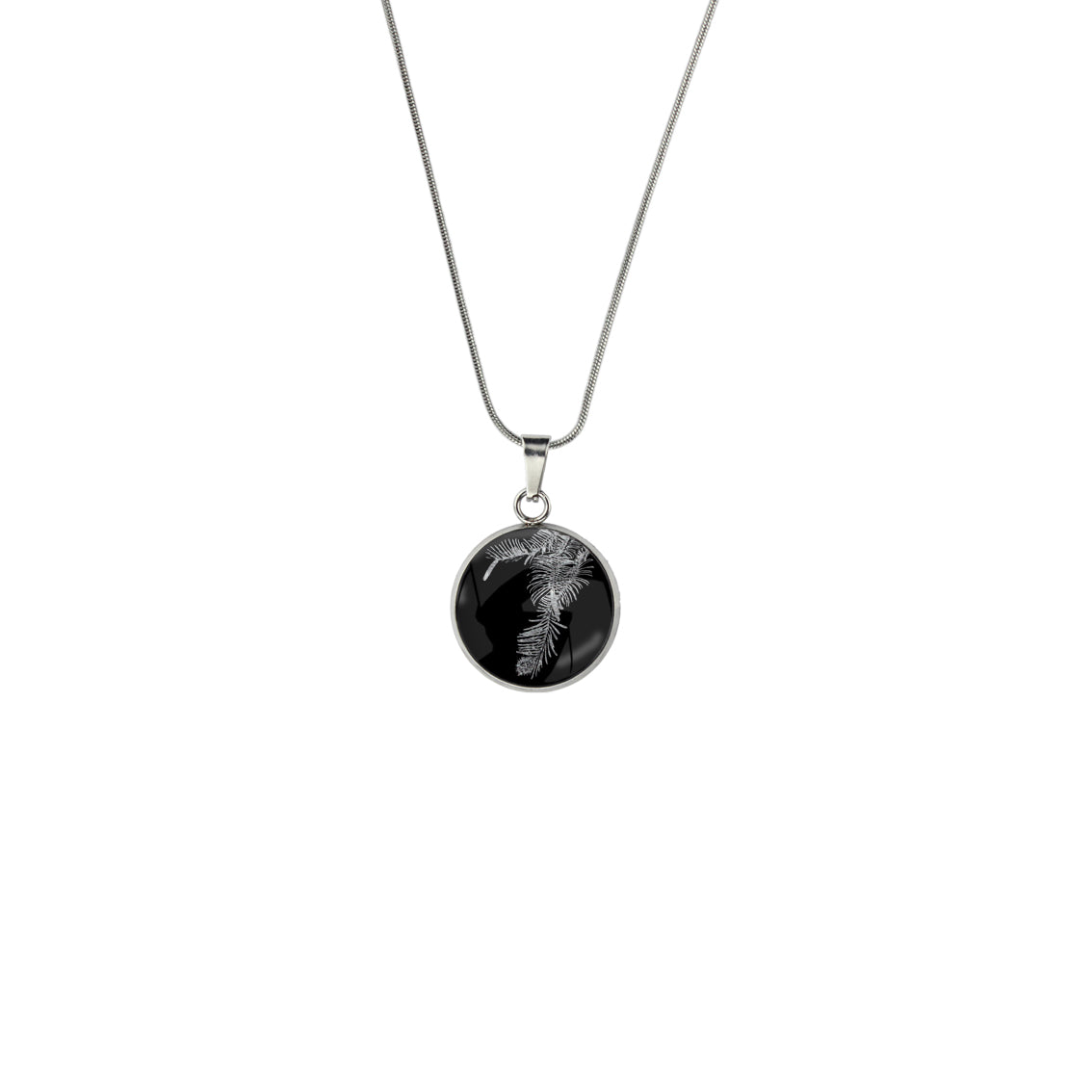 AUSTRALIAN NATIVE FLORA - WOLLEMI PINE XS CIRCLE PENDANT ON A CHAIN NECKLACE - D937S - on Satchel