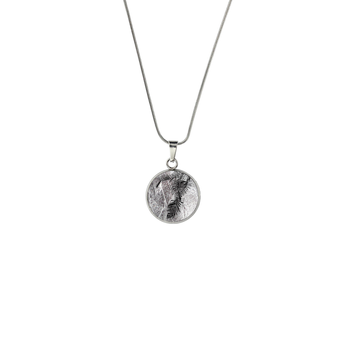 AUSTRALIAN NATIVE FLORA - WOLLEMI PINE XS CIRCLE PENDANT ON A CHAIN NECKLACE - D937S - on Satchel