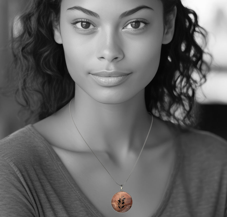 AUSTRALIAN NATIVE FLORA - ACACIA WATTLE CIRCLE PENDANT ON A CHAIN NECKLACE - D827S - on Satchel