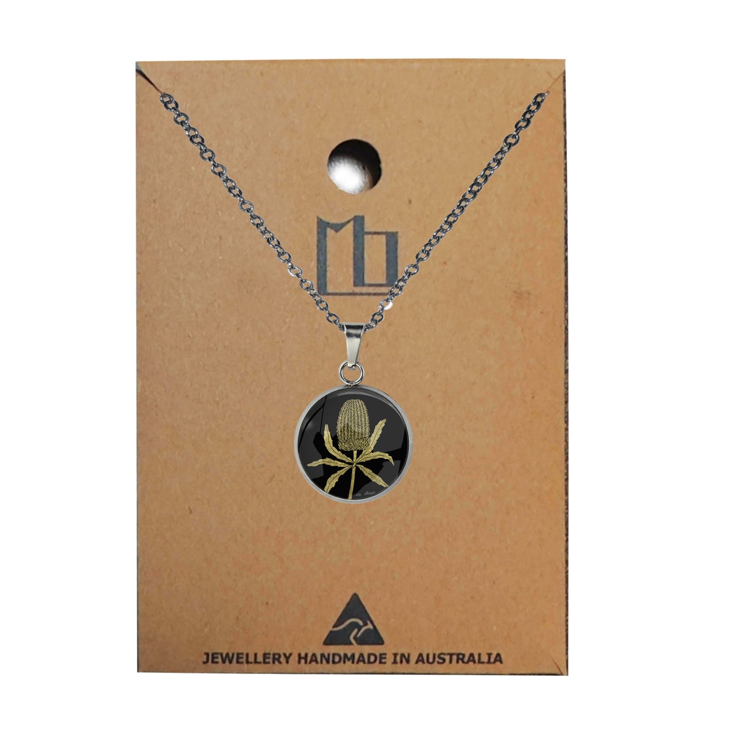 AUSTRALIAN NATIVE FLORA - BANKSIA XS CIRCLE PENDANT ON A CHAIN NECKLACE - D837S - on Satchel