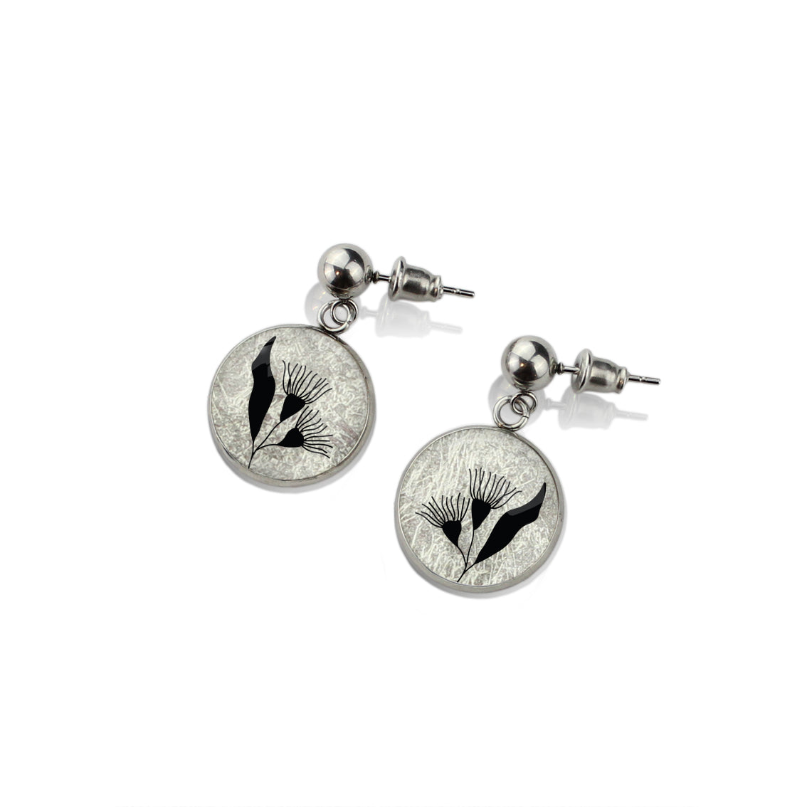 AUSTRALIAN NATIVE FLORA - EUCALYPTUS GUMTREE FLOWER CIRCLE EARRINGS - D868S - on Satchel