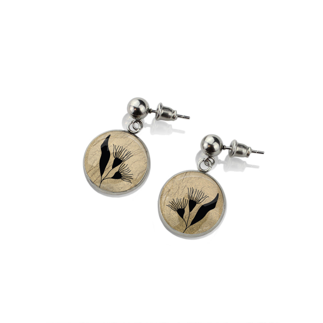 AUSTRALIAN NATIVE FLORA - EUCALYPTUS GUMTREE FLOWER CIRCLE EARRINGS - D868S - on Satchel