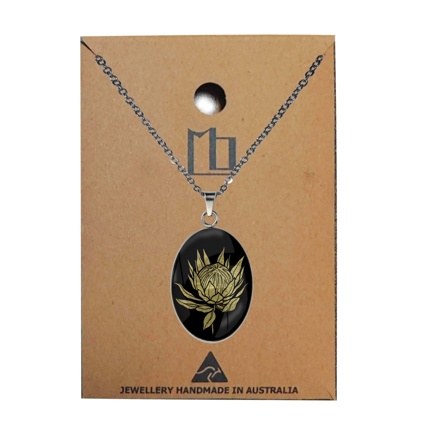 AUSTRALIAN NATIVE FLORA - PROTEA SUGARBUSH OVAL CIRCLE PENDANT ON A CHAIN NECKLACE - D926S - on Satchel