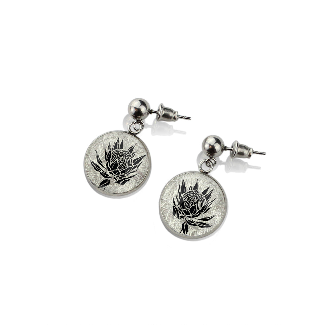 AUSTRALIAN NATIVE FLORA - PROTEA SUGARBUSH CIRCLE EARRINGS - D924S - on Satchel