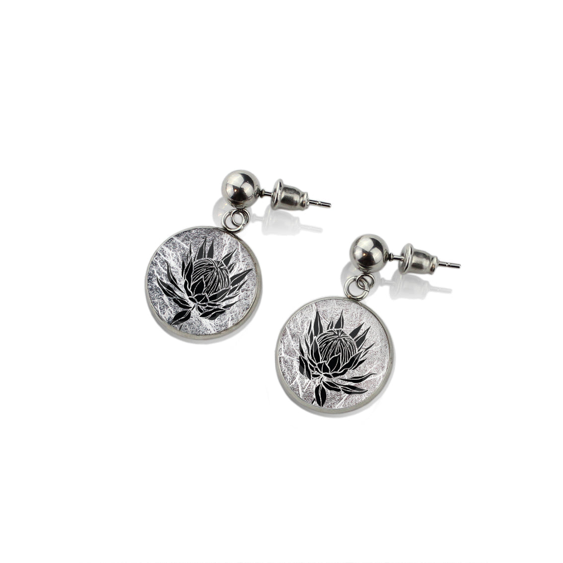 AUSTRALIAN NATIVE FLORA - PROTEA SUGARBUSH CIRCLE EARRINGS - D924S - on Satchel