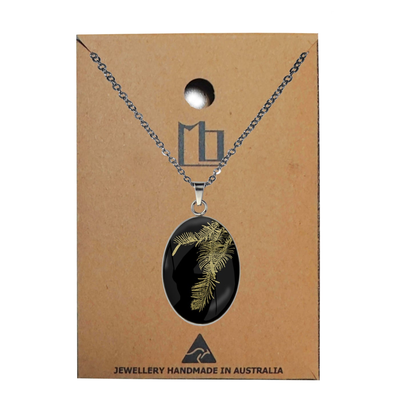 AUSTRALIAN NATIVE FLORA - WOLLEMI PINE OVAL CIRCLE PENDANT ON A CHAIN NECKLACE - D938S - on Satchel