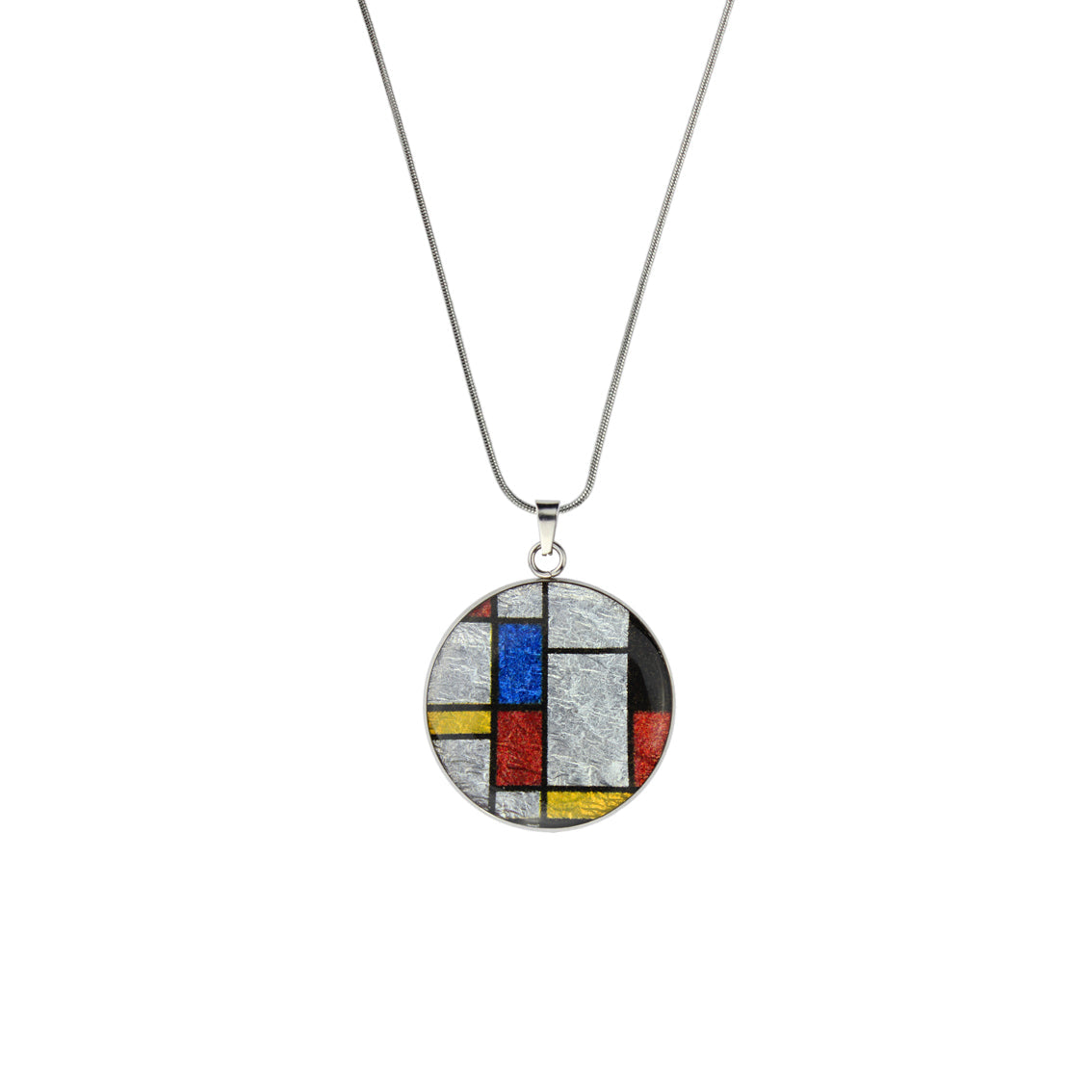 ODE TO MONDRIAN POP ART ABSTRACT PRIMARY COLORS CIRCLE PENDANT ON A CHAIN NECKLACE - M032S - on Satchel