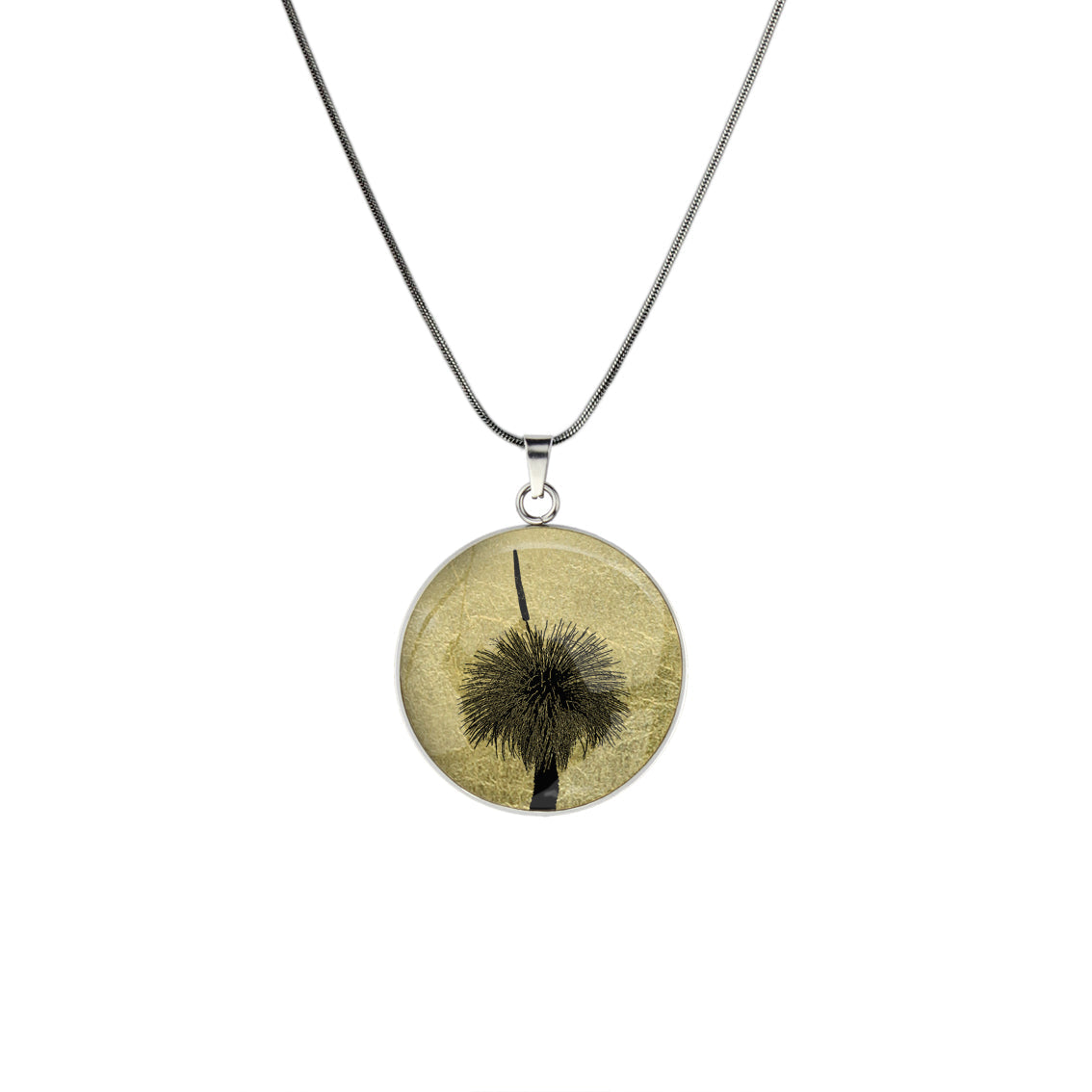 AUSTRALIAN NATIVE FLORA - GRASS TREE CIRCLE PENDANT ON A CHAIN NECKLACE - D855S - on Satchel