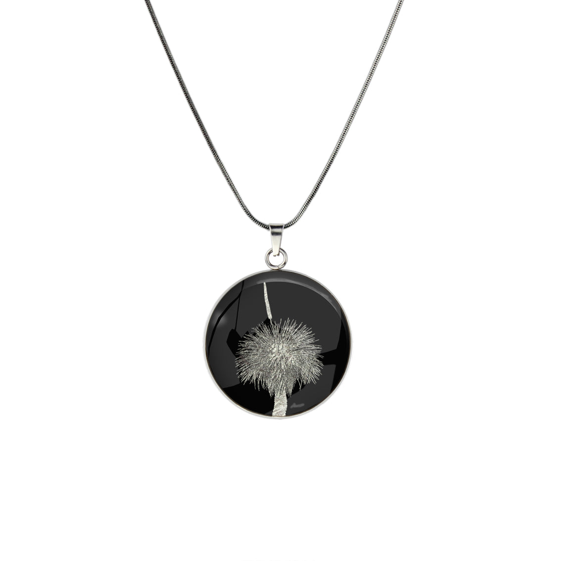 AUSTRALIAN NATIVE FLORA - GRASS TREE CIRCLE PENDANT ON A CHAIN NECKLACE - D855S - on Satchel