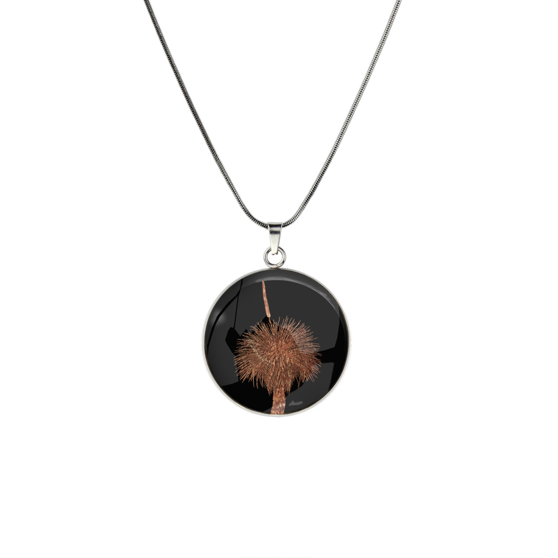 AUSTRALIAN NATIVE FLORA - GRASS TREE CIRCLE PENDANT ON A CHAIN NECKLACE - D855S - on Satchel