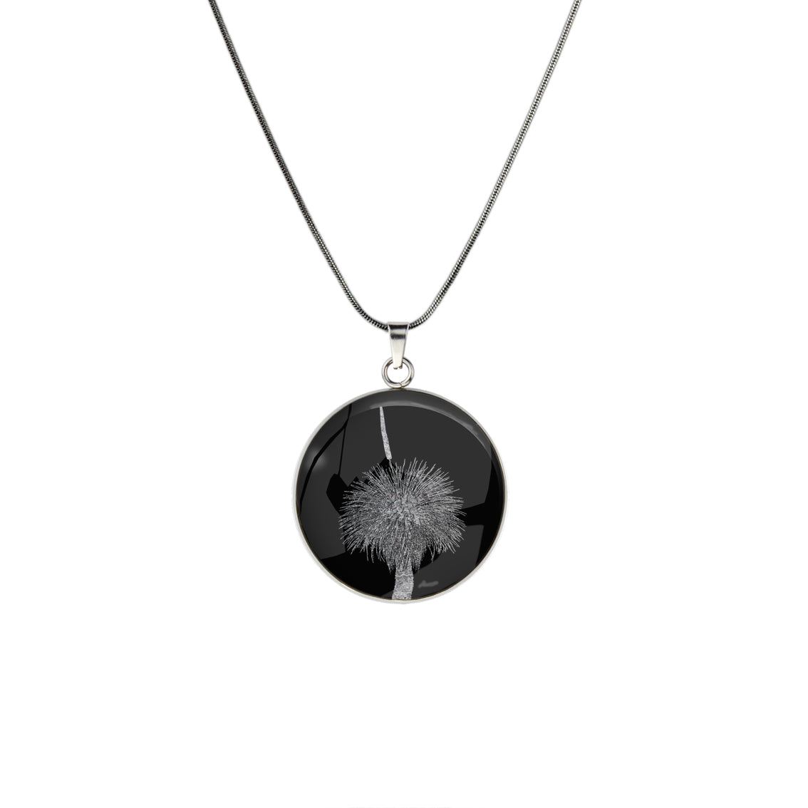AUSTRALIAN NATIVE FLORA - GRASS TREE CIRCLE PENDANT ON A CHAIN NECKLACE - D855S - on Satchel
