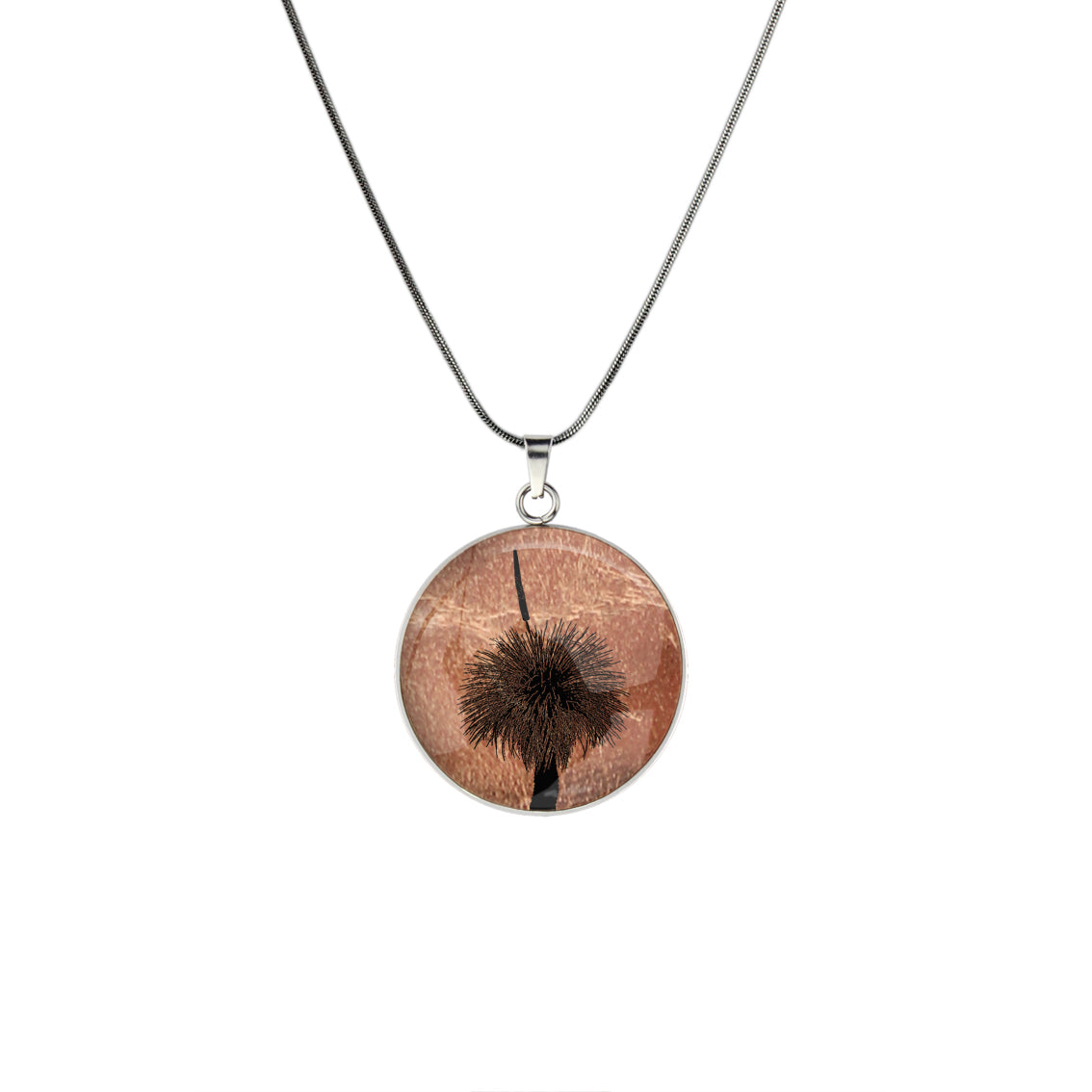 AUSTRALIAN NATIVE FLORA - GRASS TREE CIRCLE PENDANT ON A CHAIN NECKLACE - D855S - on Satchel