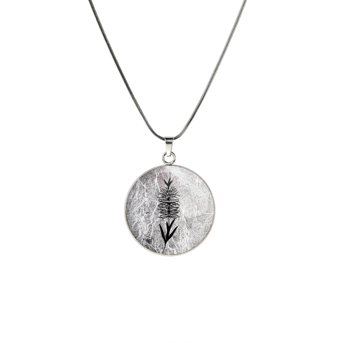 AUSTRALIAN NATIVE FLORA - BOTTLEBRUSH CIRCLE PENDANT ON A CHAIN NECKLACE - D859S - on Satchel