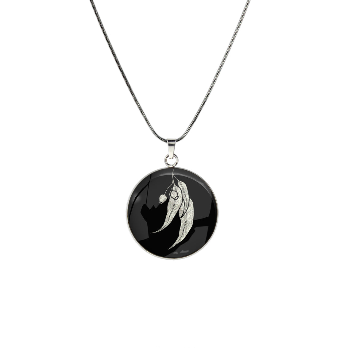 AUSTRALIAN NATIVE FLORA - EUCALYPTUS GUMNUT CIRCLE PENDANT ON A CHAIN NECKLACE - D867S - on Satchel