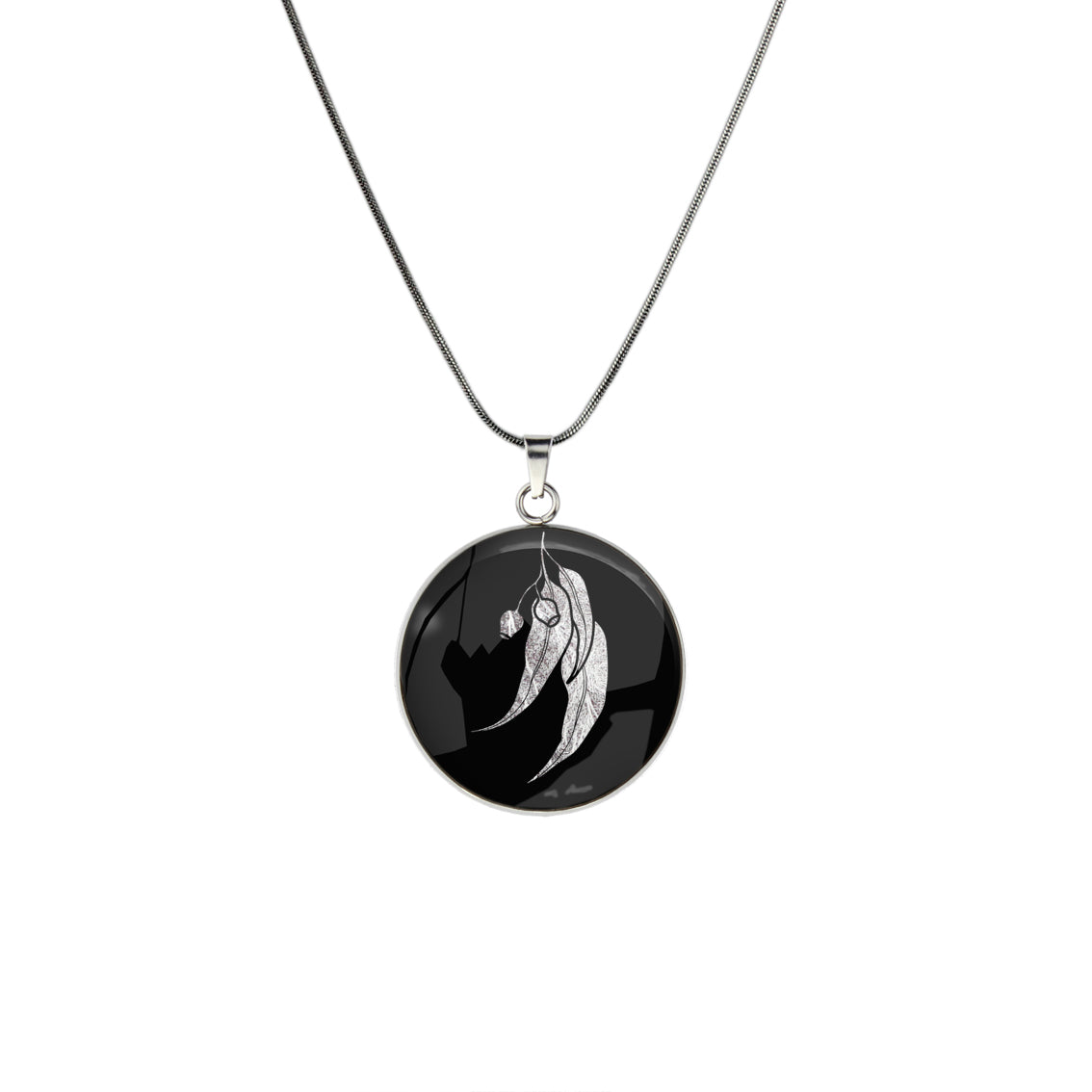 AUSTRALIAN NATIVE FLORA - EUCALYPTUS GUMNUT CIRCLE PENDANT ON A CHAIN NECKLACE - D867S - on Satchel