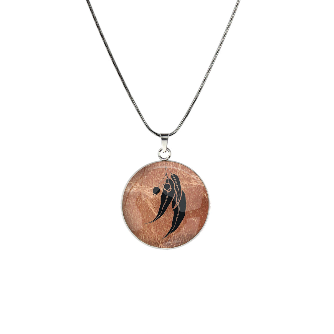 AUSTRALIAN NATIVE FLORA - EUCALYPTUS GUMNUT CIRCLE PENDANT ON A CHAIN NECKLACE - D867S - on Satchel