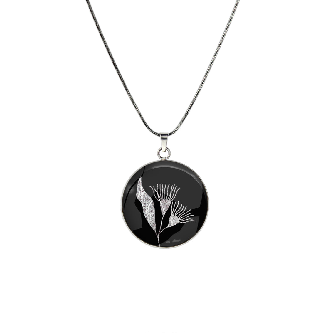AUSTRALIAN NATIVE FLORA - EUCALYPTUS GUMTREE FLOWER CIRCLE PENDANT ON A CHAIN NECKLACE - D871S - on Satchel