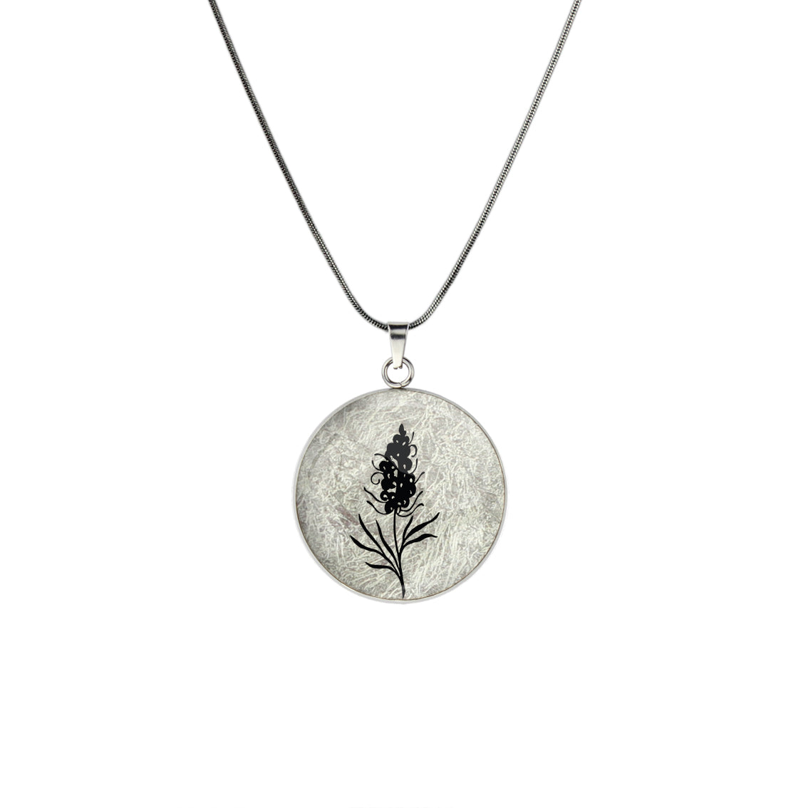 AUSTRALIAN NATIVE FLORA - GREVILLEA SPIDER FLOWER CIRCLE PENDANT ON A CHAIN NECKLACE - D879S - on Satchel