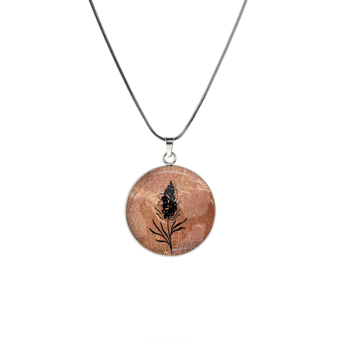 AUSTRALIAN NATIVE FLORA - GREVILLEA SPIDER FLOWER CIRCLE PENDANT ON A CHAIN NECKLACE - D879S - on Satchel