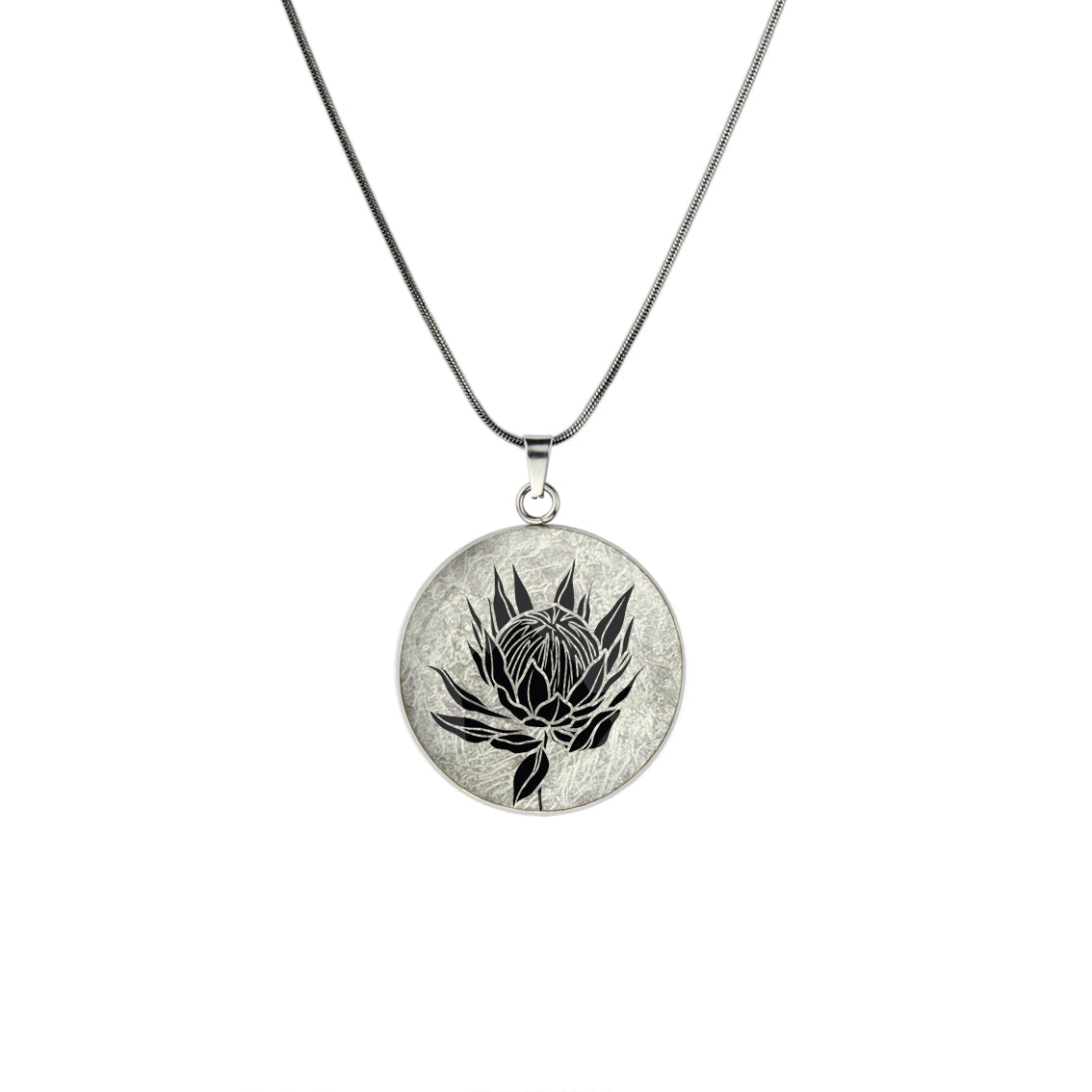 AUSTRALIAN NATIVE FLORA - PROTEA SUGARBUSH CIRCLE PENDANT ON A CHAIN NECKLACE - D927S - on Satchel