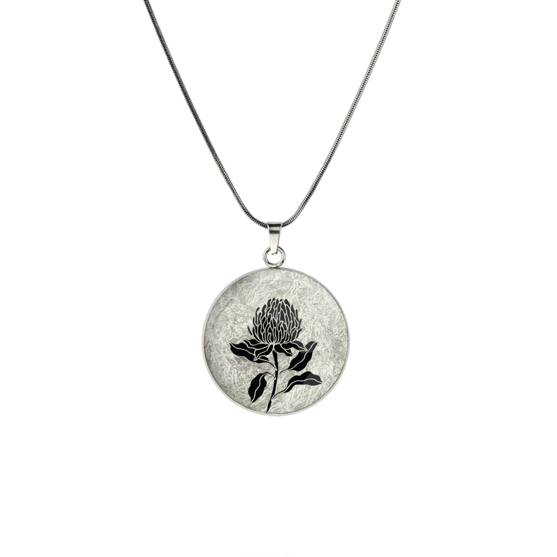 AUSTRALIAN NATIVE FLORA - WARATAH TELOPEA CIRCLE PENDANT ON A CHAIN NECKLACE - D935S - on Satchel