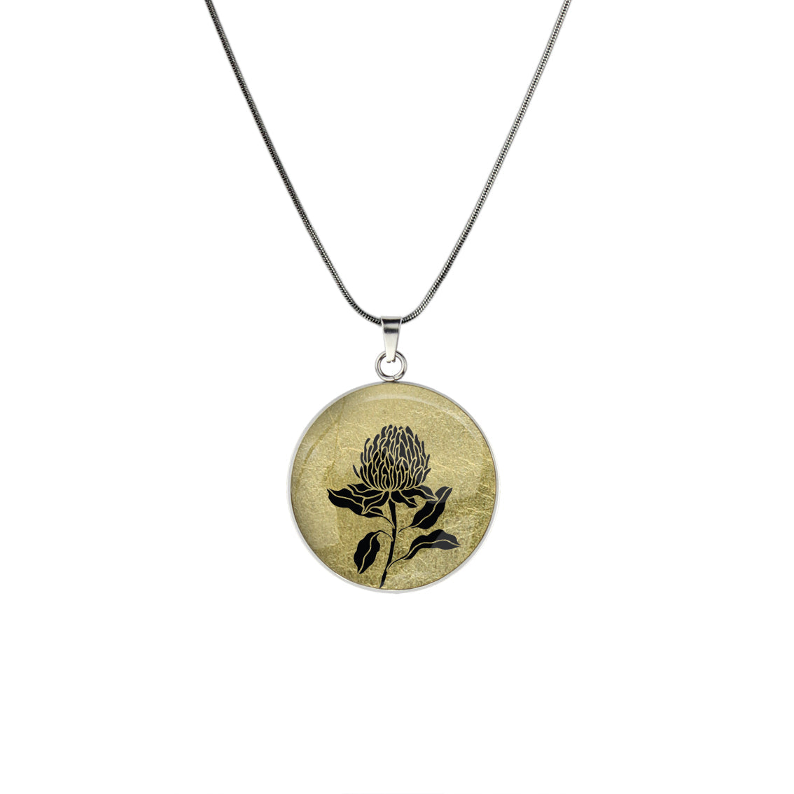 AUSTRALIAN NATIVE FLORA - WARATAH TELOPEA CIRCLE PENDANT ON A CHAIN NECKLACE - D935S - on Satchel