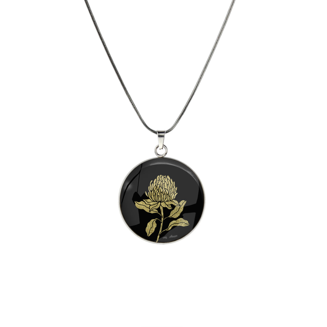 AUSTRALIAN NATIVE FLORA - WARATAH TELOPEA CIRCLE PENDANT ON A CHAIN NECKLACE - D935S - on Satchel