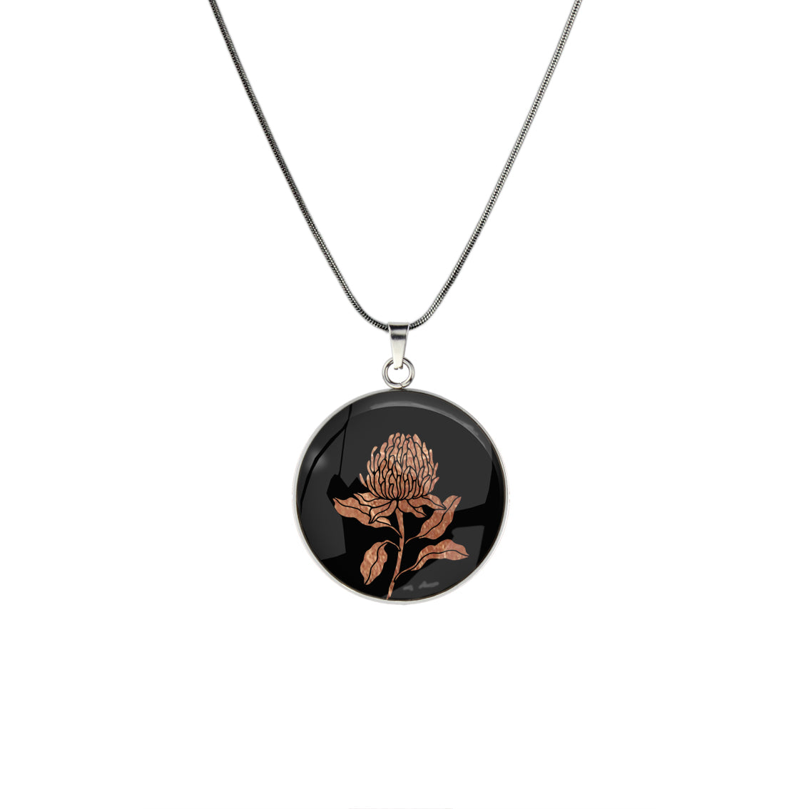 AUSTRALIAN NATIVE FLORA - WARATAH TELOPEA CIRCLE PENDANT ON A CHAIN NECKLACE - D935S - on Satchel