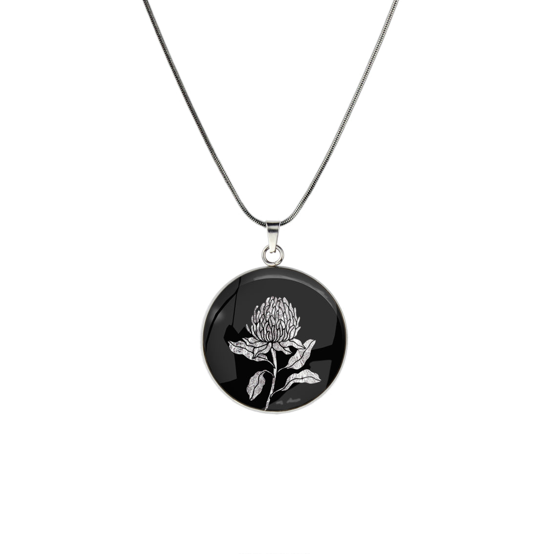 AUSTRALIAN NATIVE FLORA - WARATAH TELOPEA CIRCLE PENDANT ON A CHAIN NECKLACE - D935S - on Satchel