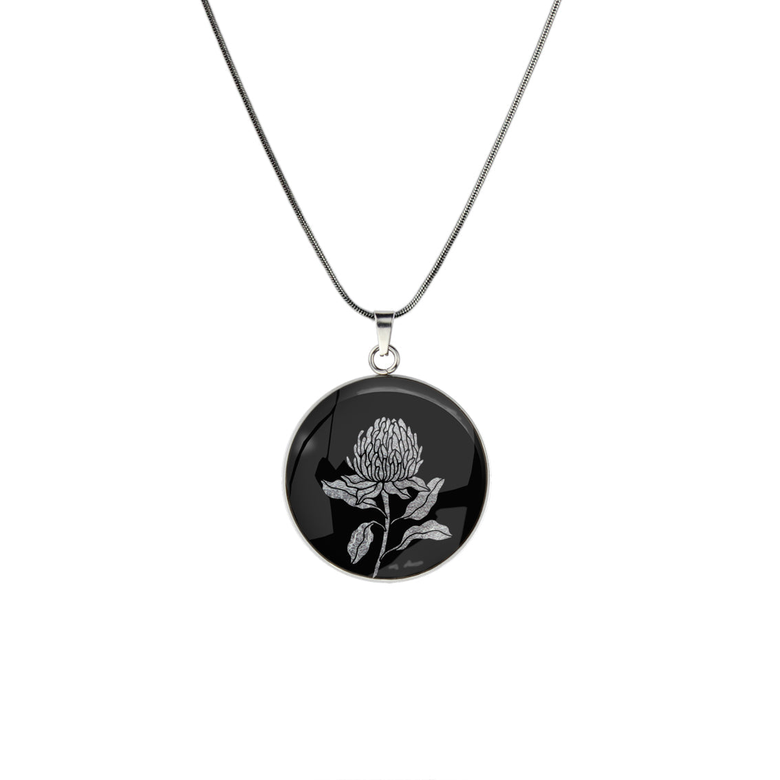 AUSTRALIAN NATIVE FLORA - WARATAH TELOPEA CIRCLE PENDANT ON A CHAIN NECKLACE - D935S - on Satchel