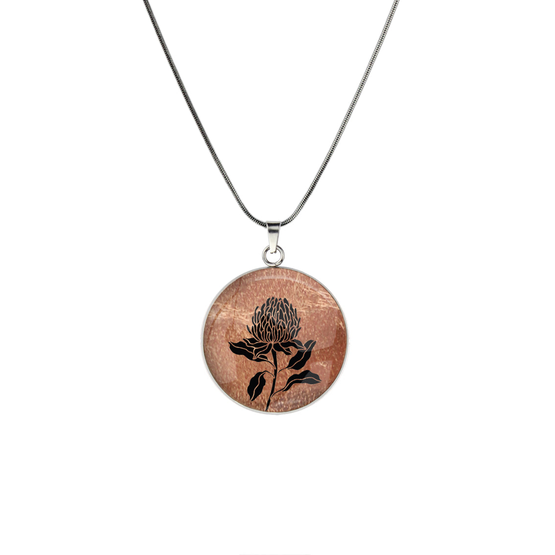 AUSTRALIAN NATIVE FLORA - WARATAH TELOPEA CIRCLE PENDANT ON A CHAIN NECKLACE - D935S - on Satchel
