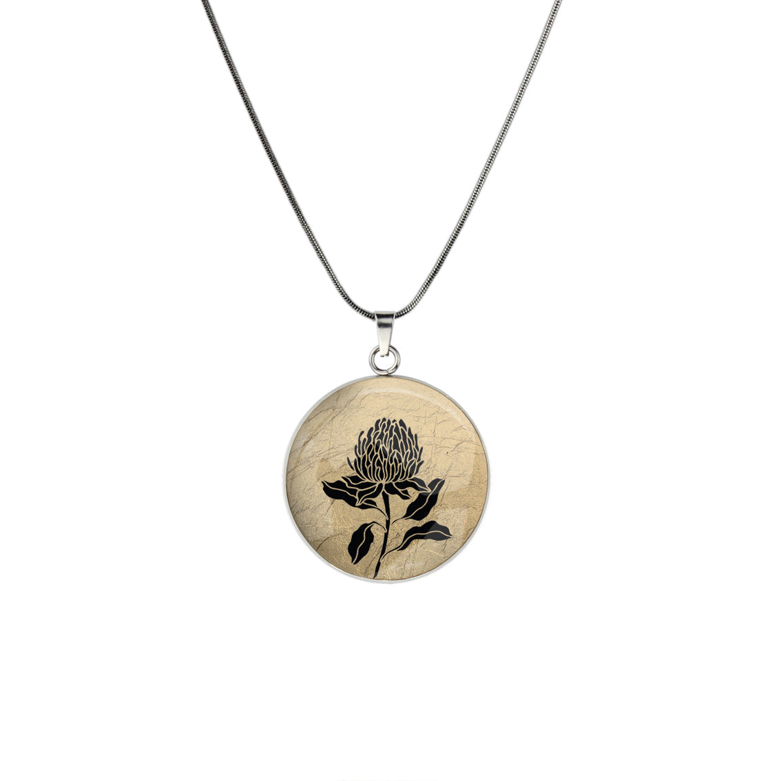 AUSTRALIAN NATIVE FLORA - WARATAH TELOPEA CIRCLE PENDANT ON A CHAIN NECKLACE - D935S - on Satchel