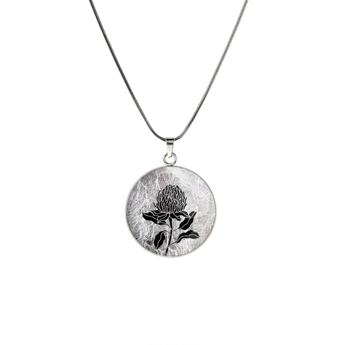 AUSTRALIAN NATIVE FLORA - WARATAH TELOPEA CIRCLE PENDANT ON A CHAIN NECKLACE - D935S - on Satchel