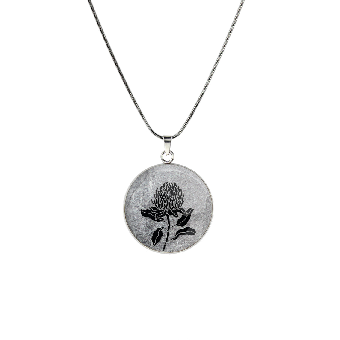 AUSTRALIAN NATIVE FLORA - WARATAH TELOPEA CIRCLE PENDANT ON A CHAIN NECKLACE - D935S - on Satchel