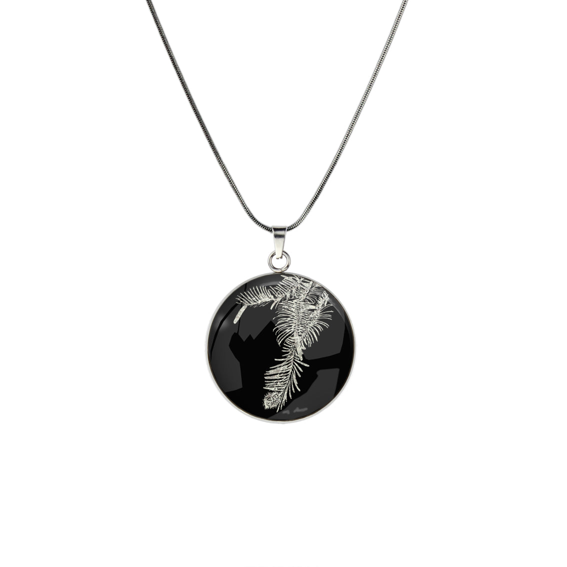 AUSTRALIAN NATIVE FLORA - WOLLEMI PINE CIRCLE PENDANT ON A CHAIN NECKLACE - D939S - on Satchel