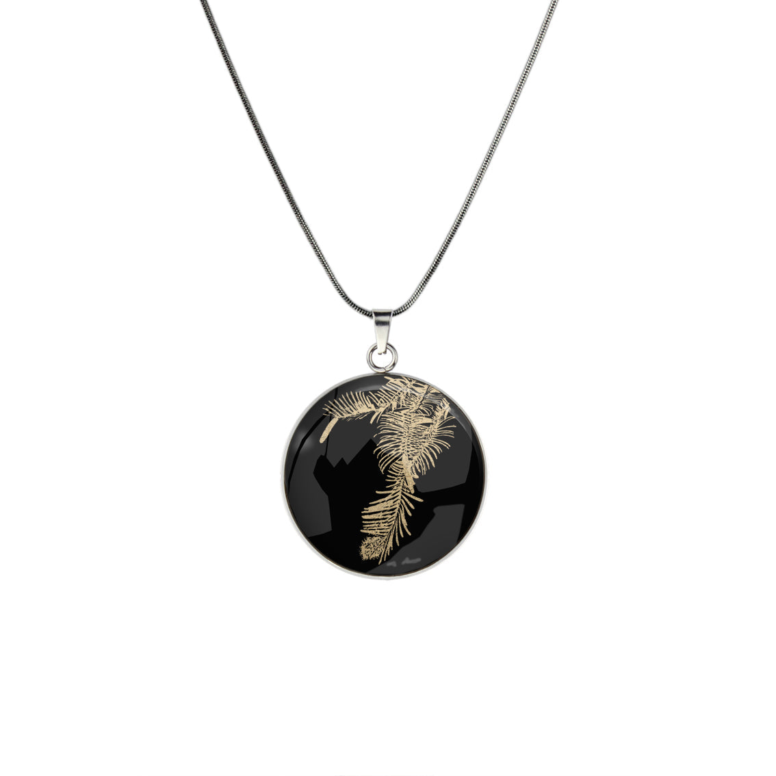 AUSTRALIAN NATIVE FLORA - WOLLEMI PINE CIRCLE PENDANT ON A CHAIN NECKLACE - D939S - on Satchel