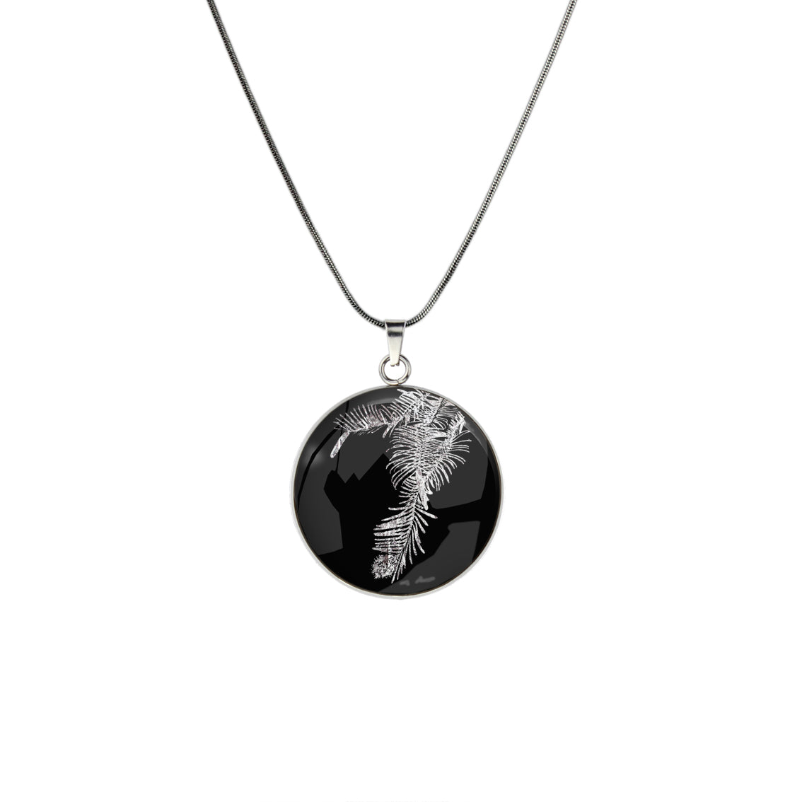 AUSTRALIAN NATIVE FLORA - WOLLEMI PINE CIRCLE PENDANT ON A CHAIN NECKLACE - D939S - on Satchel