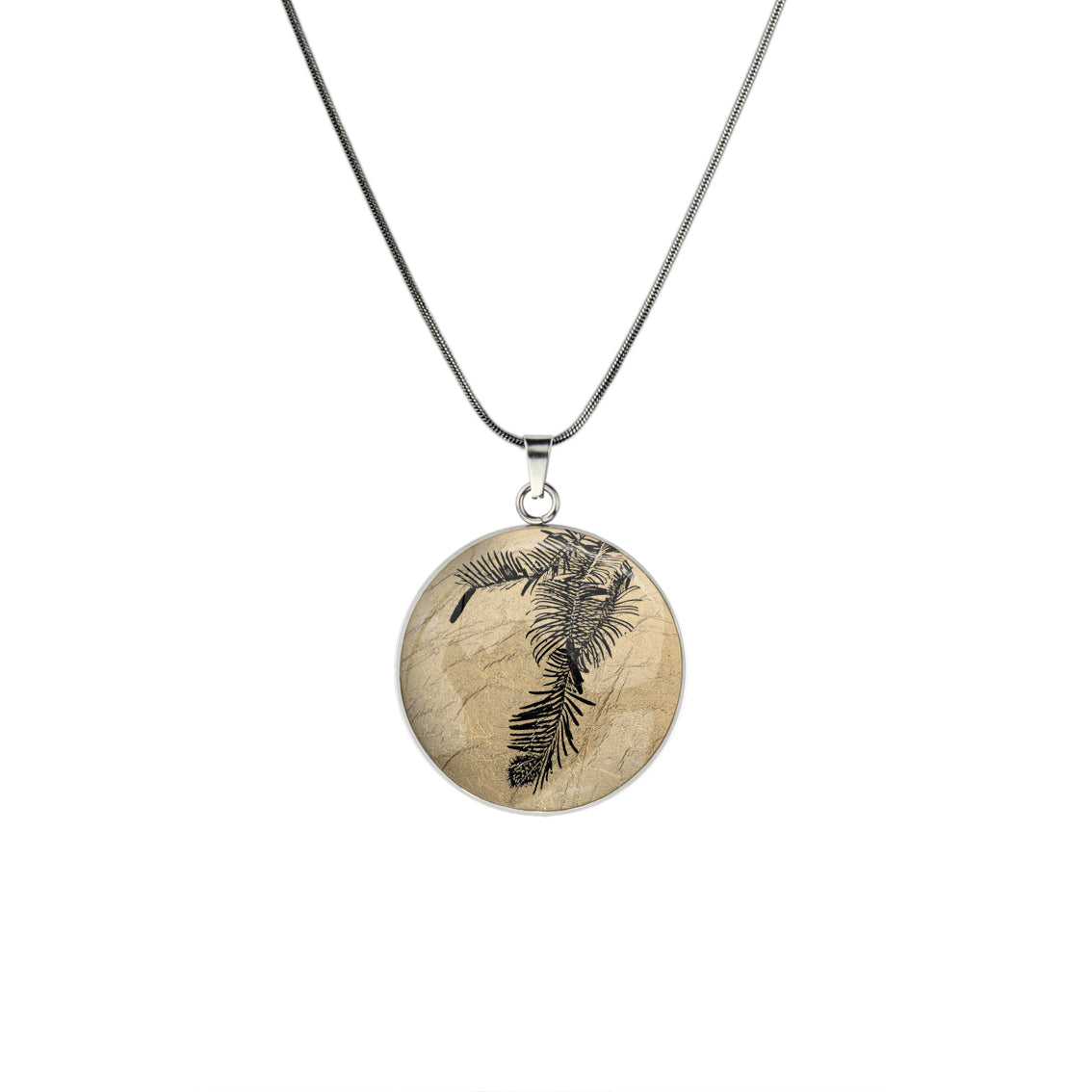 AUSTRALIAN NATIVE FLORA - WOLLEMI PINE CIRCLE PENDANT ON A CHAIN NECKLACE - D939S - on Satchel