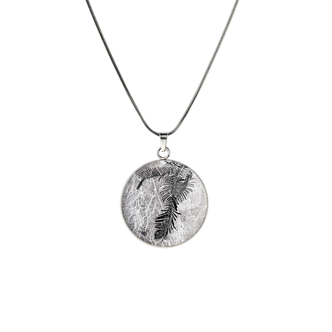 AUSTRALIAN NATIVE FLORA - WOLLEMI PINE CIRCLE PENDANT ON A CHAIN NECKLACE - D939S - on Satchel