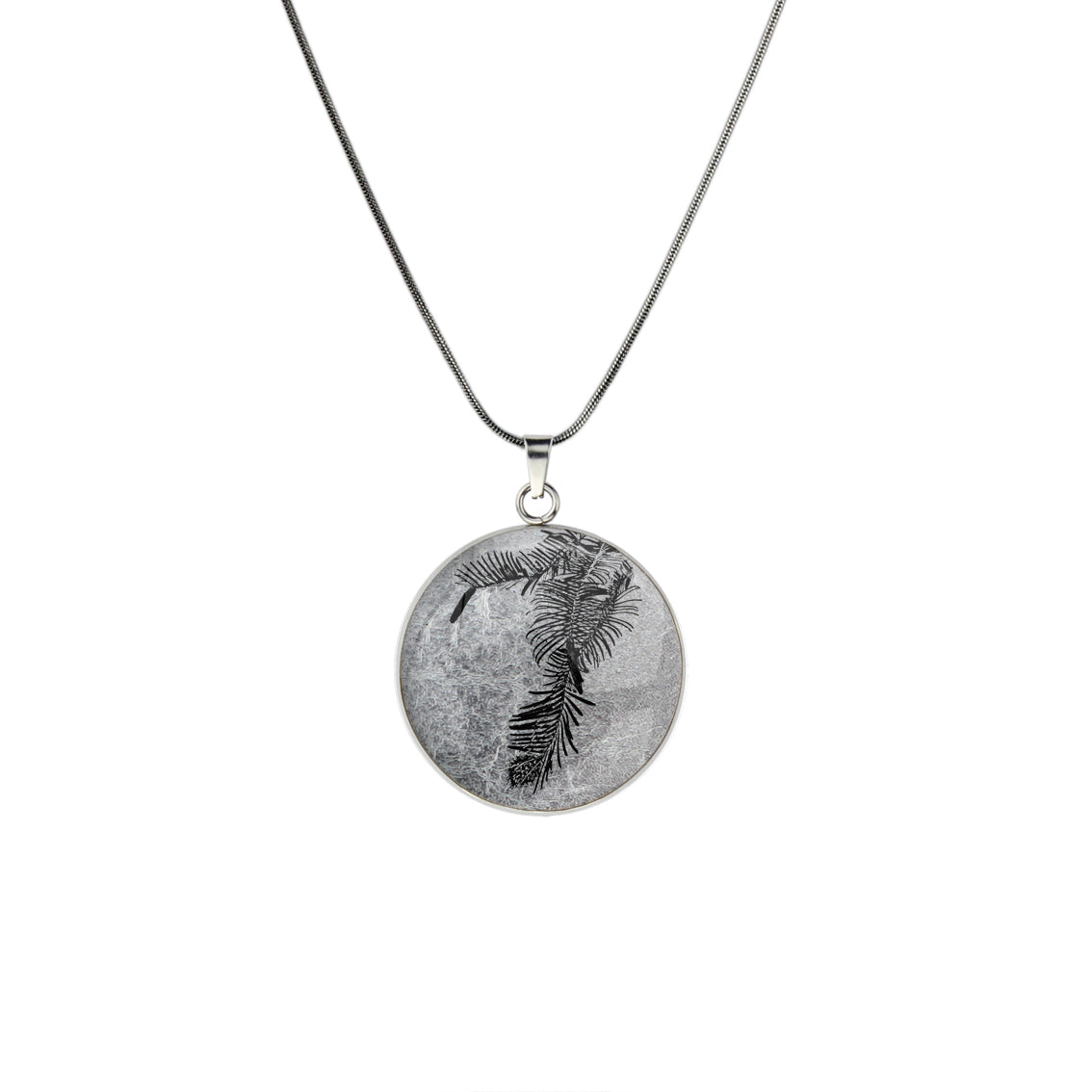 AUSTRALIAN NATIVE FLORA - WOLLEMI PINE CIRCLE PENDANT ON A CHAIN NECKLACE - D939S - on Satchel