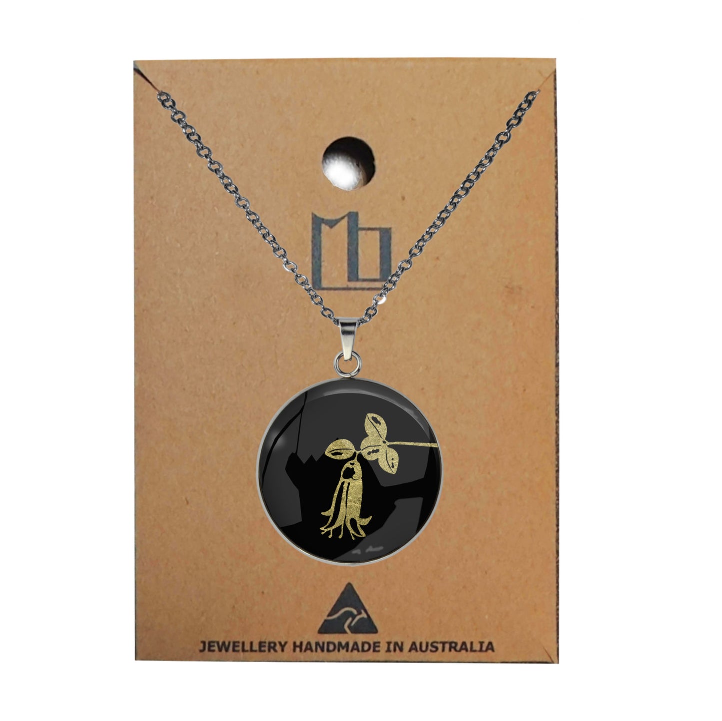 AUSTRALIAN NATIVE FLORA - CANBERRA BELLS TELOPEA CIRCLE PENDANT ON A CHAIN NECKLACE - D863S - on Satchel