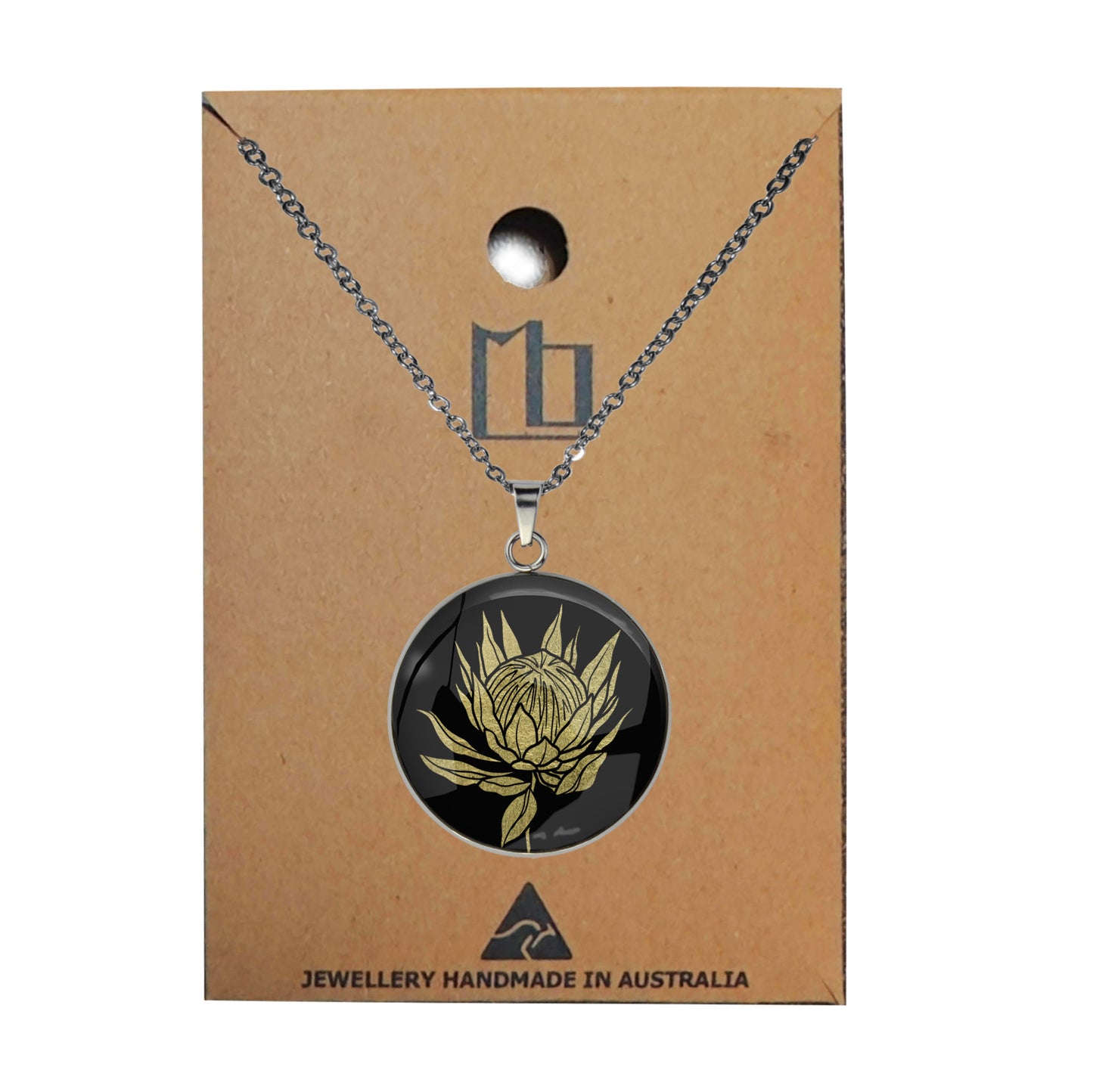 AUSTRALIAN NATIVE FLORA - PROTEA SUGARBUSH CIRCLE PENDANT ON A CHAIN NECKLACE - D927S - on Satchel